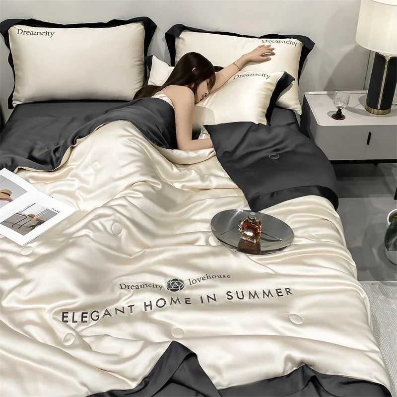 Designer Luxury European Style Ice Silk Summer Quilt Set High-end Embroidered Cooling Blanket 4/3/1 Pcs Sets Air Conditioning Comforter Y251106