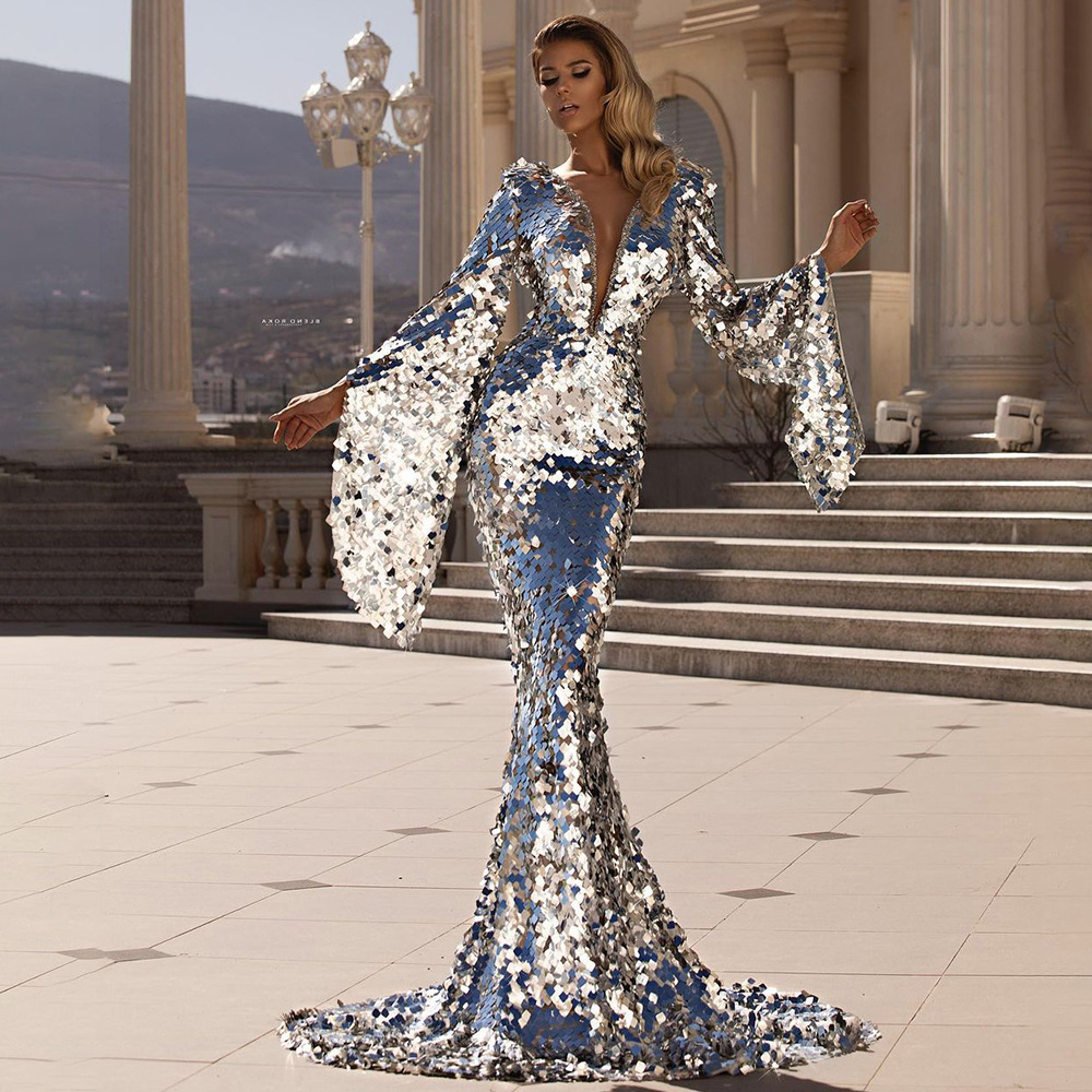 2025 New Womens Dress Sexy Glitter Silver Banquet Dress with Hip Wrap Evening Dress