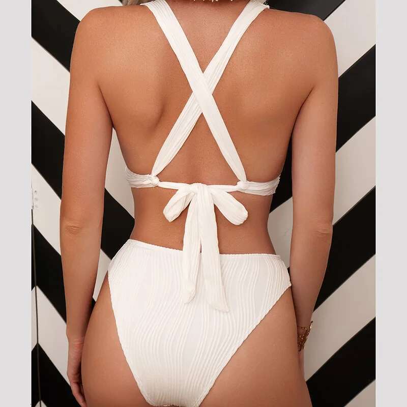 2024 Solid Color White Swimsuit for Women,high Waist V-neck 2 Piece Bikini,summer Beach Vacation Backless Swimwear Bathing Suit