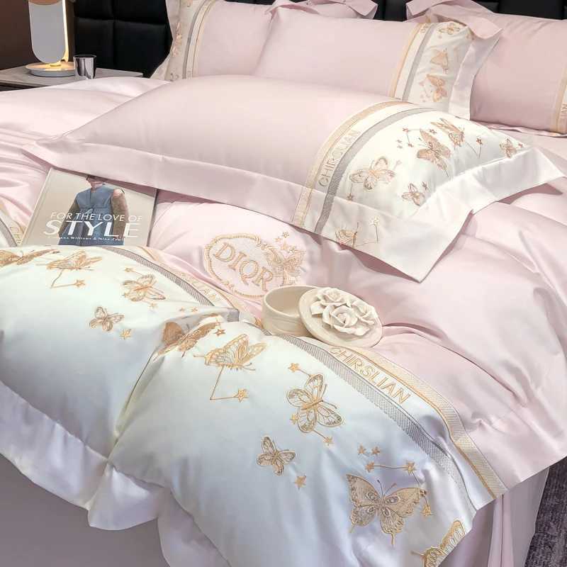 Designer 100 Cotton Bedding Set Luxury Golden Butterfly Embroidery Quilt/Duvet Cover Fitted Bed Sheet Sets Pillowcases Home Textile Y251106