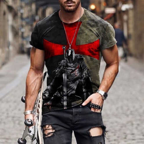 2025 New Mens Wear China-Chic Star Flag Printed Round Neck Pullover Short Sleeve T-shirt Top