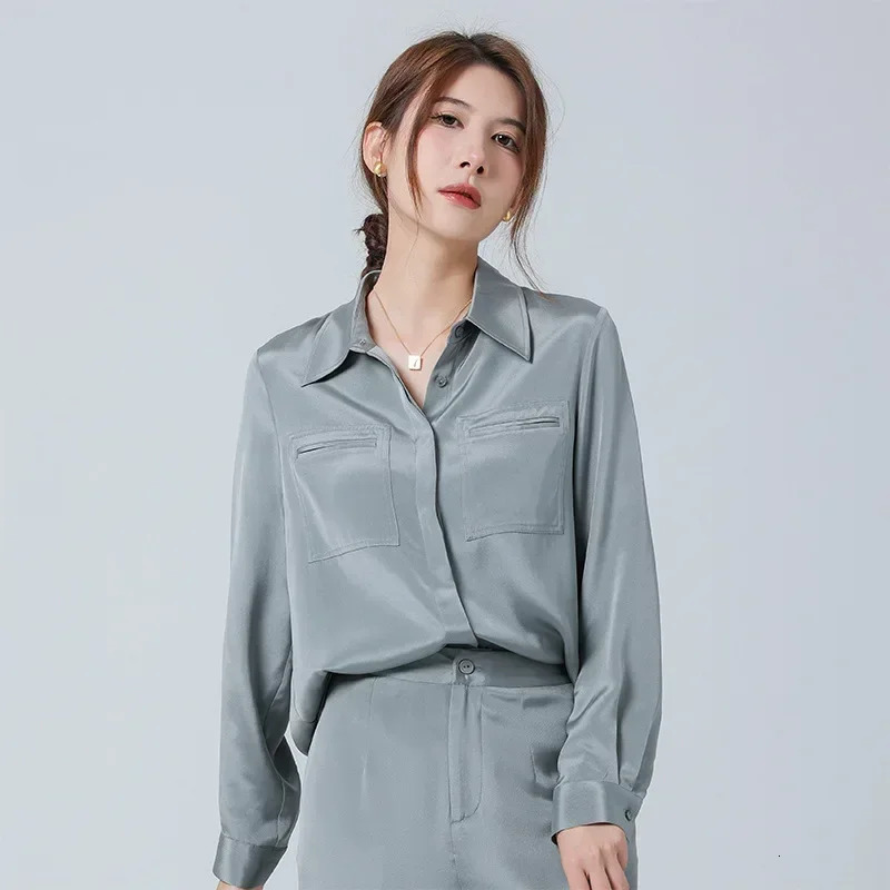 Heavy duty Womens Silk Shirt Pants Set Simple Mulberry Long Sleeve Two Piece Coat 250403