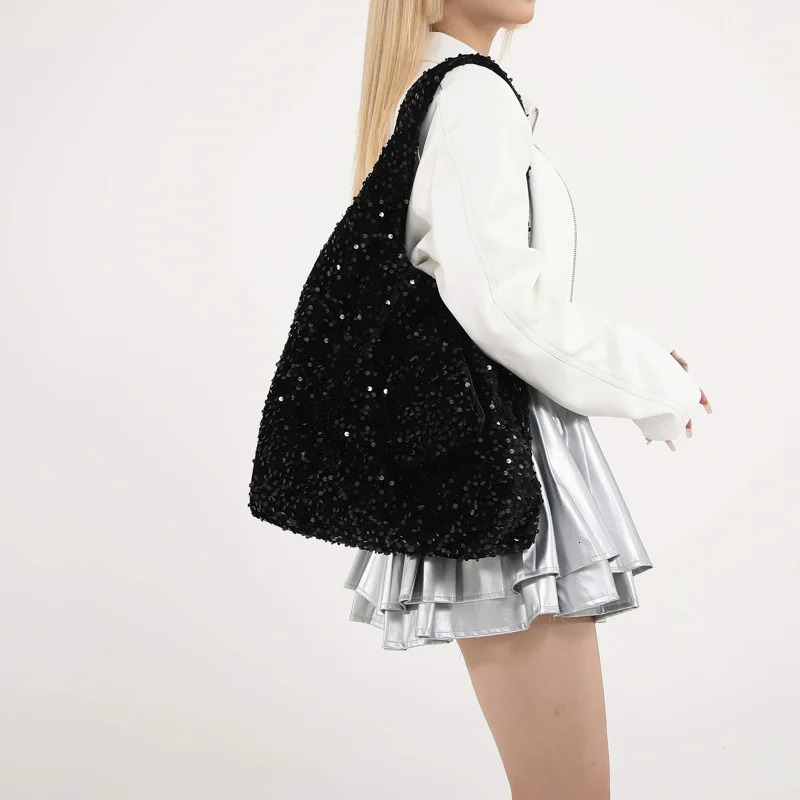 Large capacity travel bag suitable for women single shoulder bottom versatile highend textured sequin sparkling handbag 250401