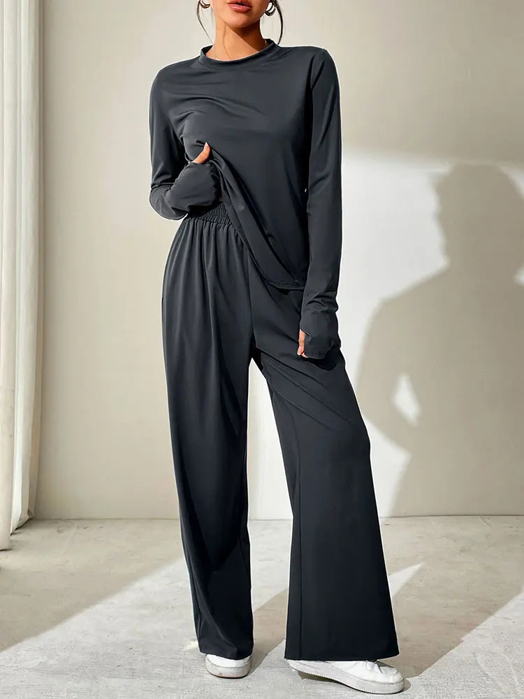 Spring Fashion Womens Long Sleeve Tshirt Trousers 2piece Street Clothing Oneck Solid Color Sexy Casual Slimming 250403