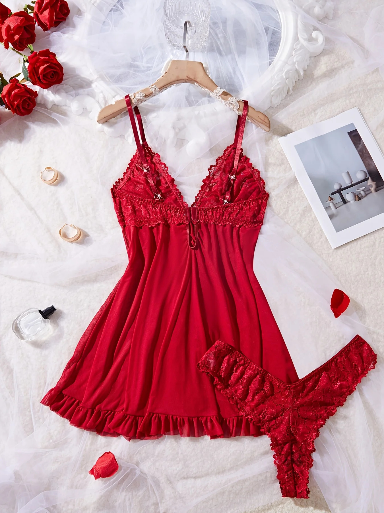 Sexy Lace Lingerie Set for Women Red Sleepwear Nightdress with Matching Panties VNeck Sheer Camisole Romantic Night 251105