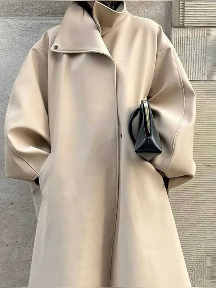 Chic Stand Collar Long Woolen Coat Women Puff Sleeve Single Breasted Loose Warm Overcoat 2025 Autumn Winter Lady Outwear NewT251106