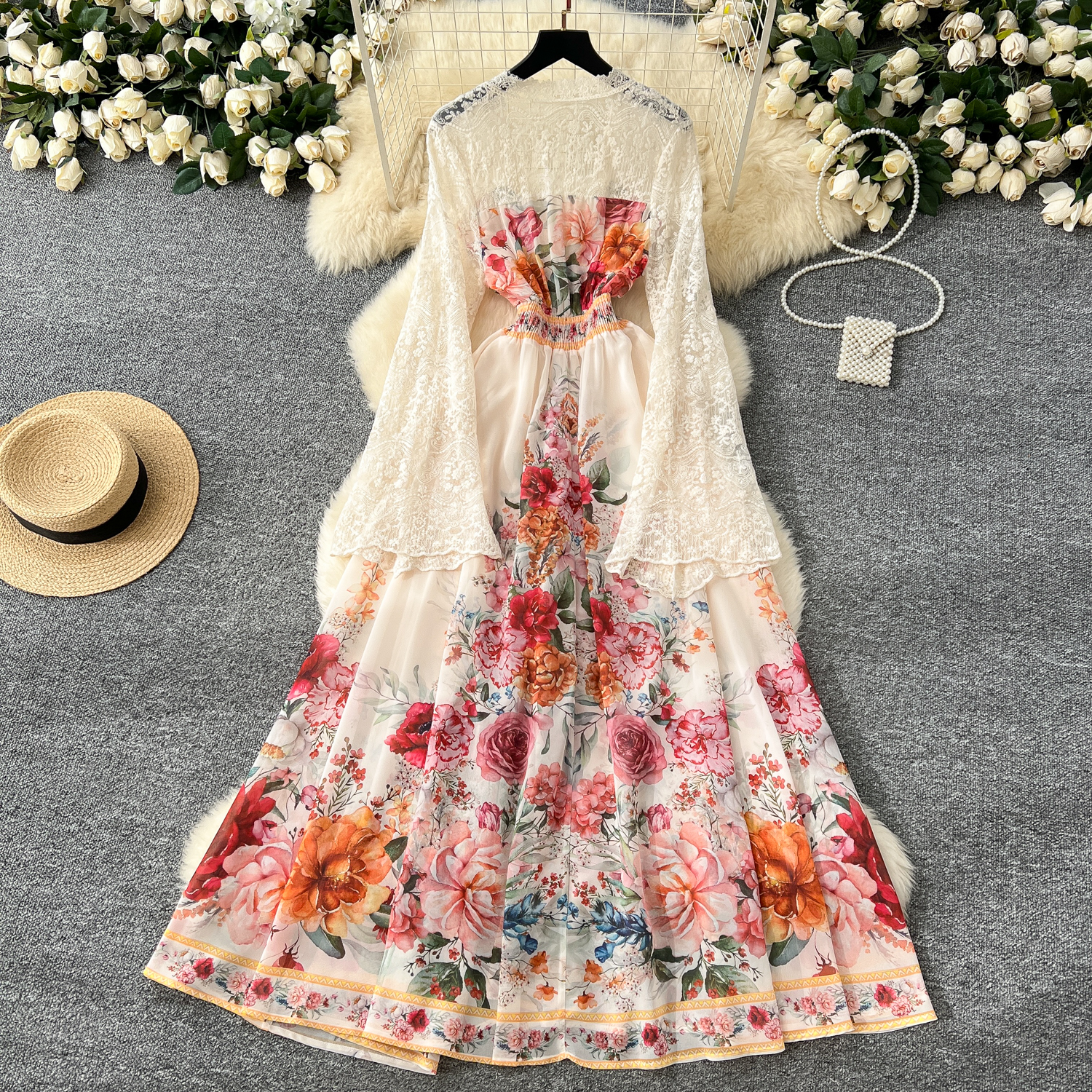 Basic Casual Dresses Summer Holiday Lace Patchwork Chiffon Pleated Dress Women's V-Neck Flare Sleeve Flower Print High Elastic Waist Runway Vesti