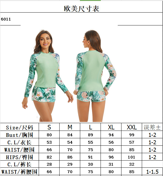 New printed spliced long sleeved pullover flat corner shorts set for surfing women's swimsuit