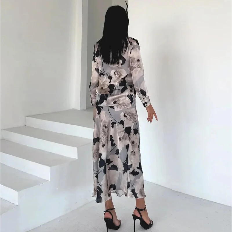 TRAF Print Womens Skiing 2piece Satin Shirt and Suitable for High Waist Midi Clothing Holiday Set 250403