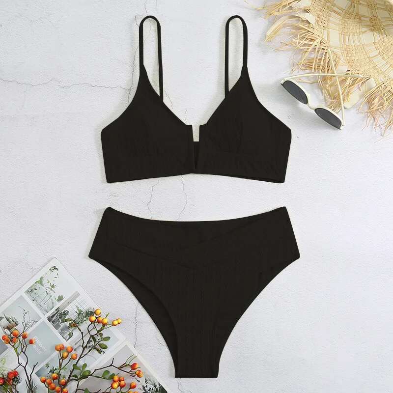 Solid Color 2 Piece Swimsuit for Women,sexy High Waist V-neck Bikini,suspender Beach Backless Swimwear,2024 Summer New