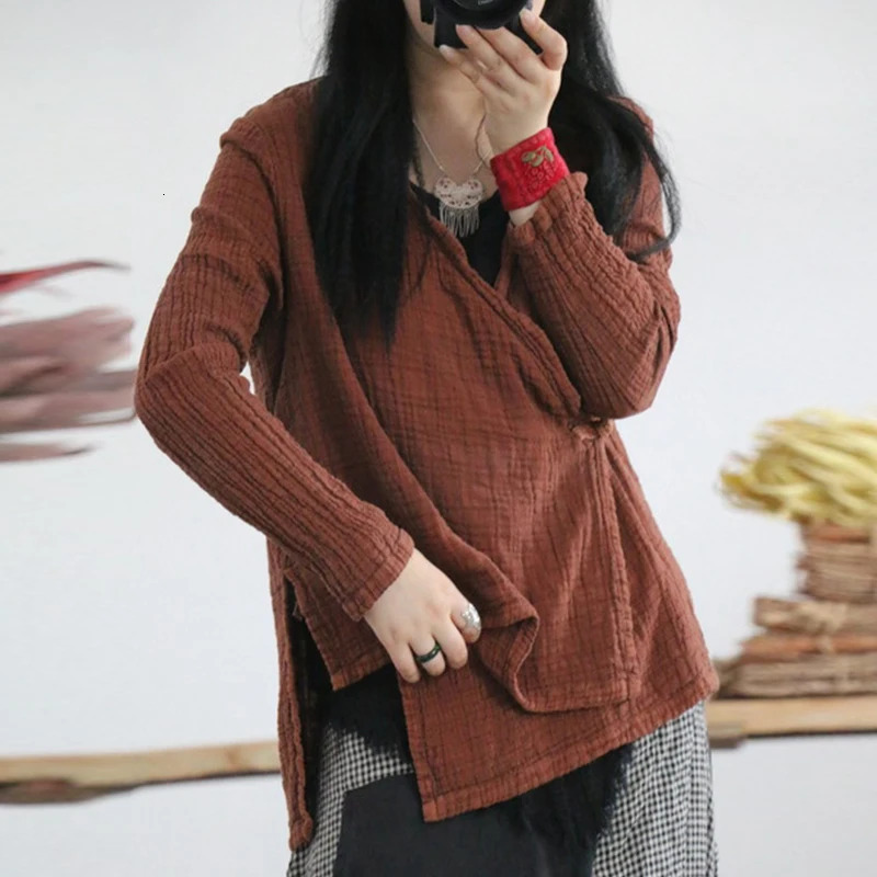 Johnature Retro V-neck Linen Lace Up Shirts Autumn Loose Leisure Fashion Women Tops 3 colors Cardigan Shirts 250402