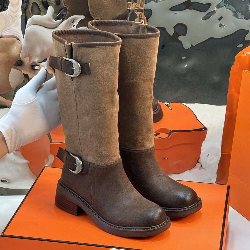 Brown Color Block Pleated Slouch for Women New Autumn Winter Long Tube Melad Designer Shoe High wide calf Boots botas para mujer