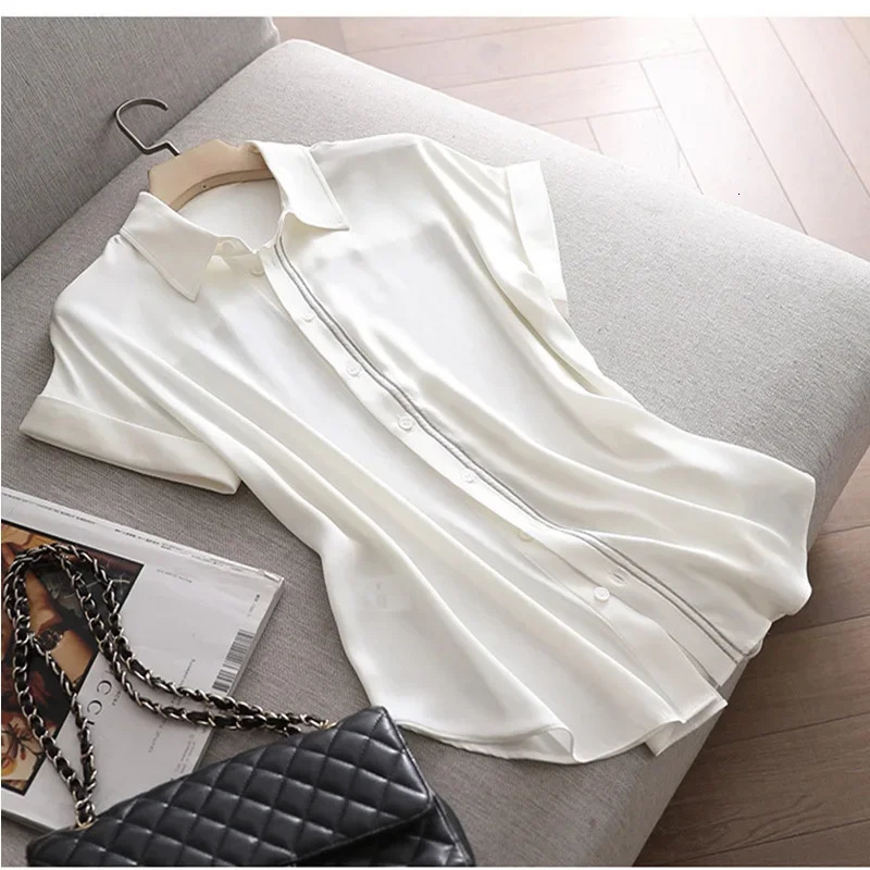 White Silk Shirts Women Spring Short-sleeved Loose Silk Tops With High Short Temperament And High Quality Silk T-shirt 250402