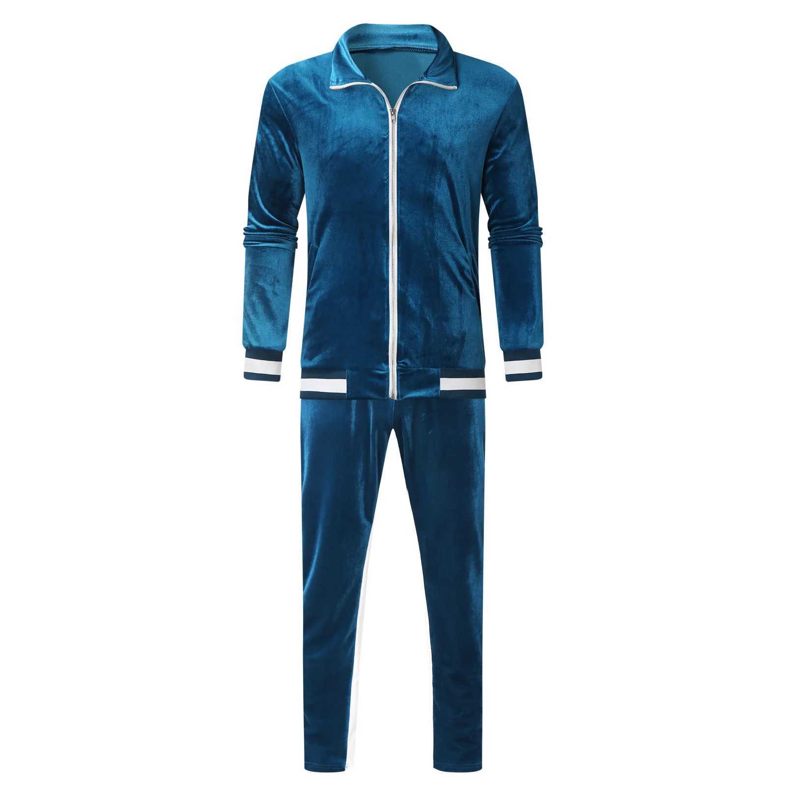 2025 Cross Border Mens Velvet Tracksuit Solid Color Contrast Trim Retro Casual Jacket SetXJ251106