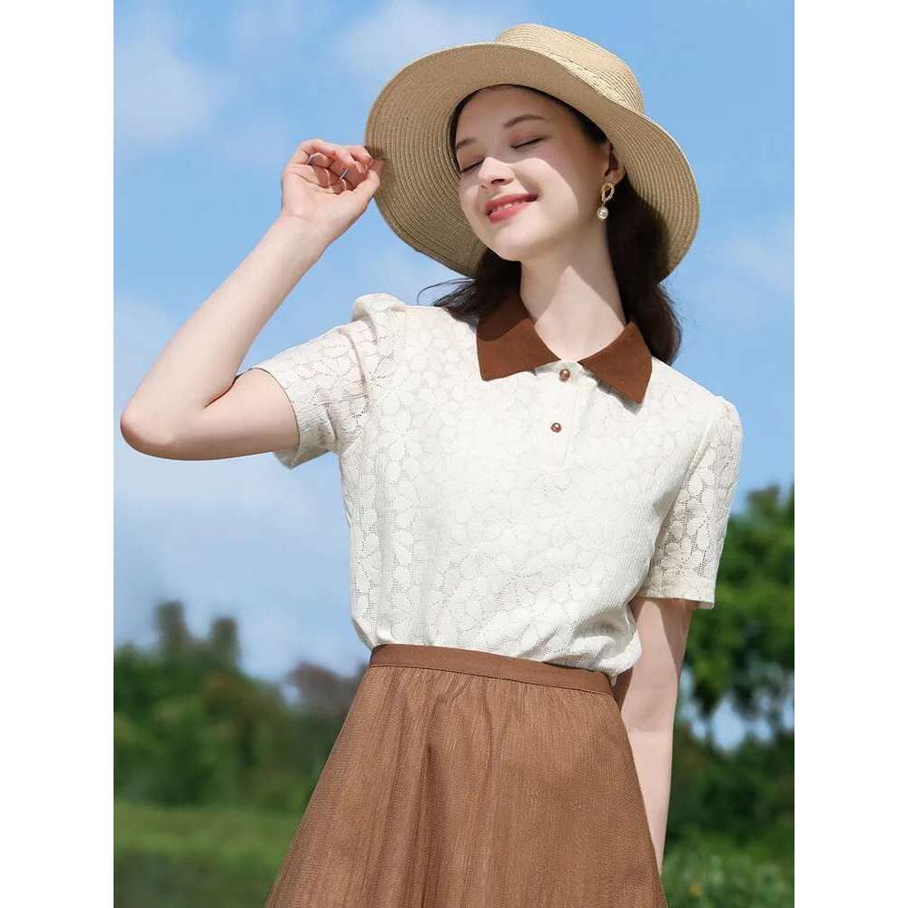 French Lace Shirt For Women Polo Neck Short-Sleeve Hollow Gentle Summer New Slim Female Clothes