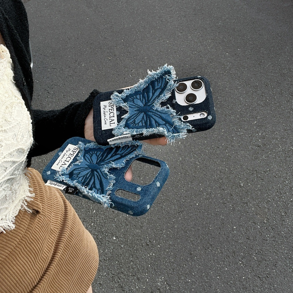 Denim Blue Butterfly Patch Phone Case Compatible with iPhone 17/16 Pro Solid Color Lanyard iPhone 15/14 Niche