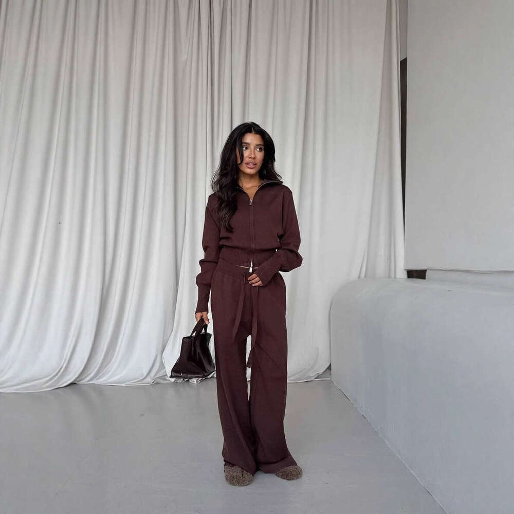 2025 Autumn New Solid Color Inner Knitted Two-Piece Set High-End Casual Elegant Straight-Leg Suit for Women Outerwear