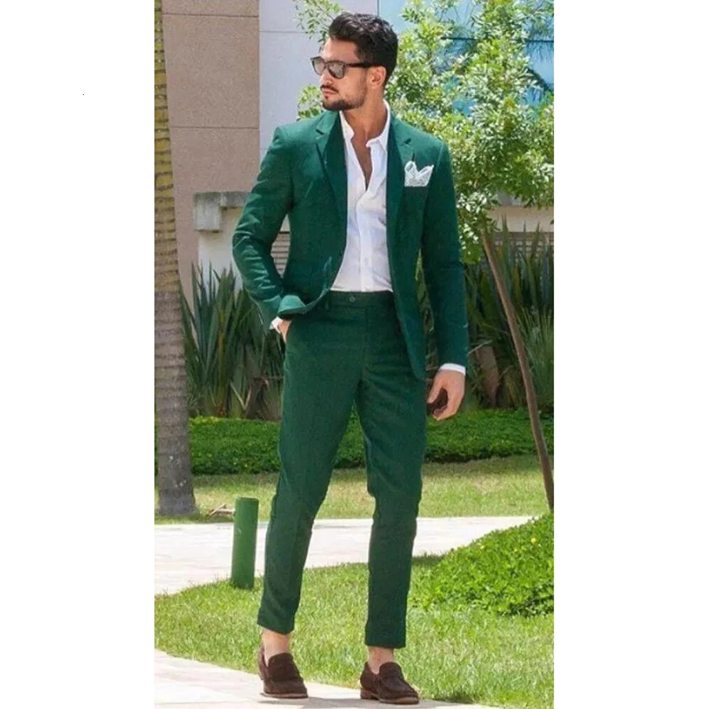 high-end green mens two-piece set jacketpants ultra-thin fit fashionable and handsome mens formal clothing 250402