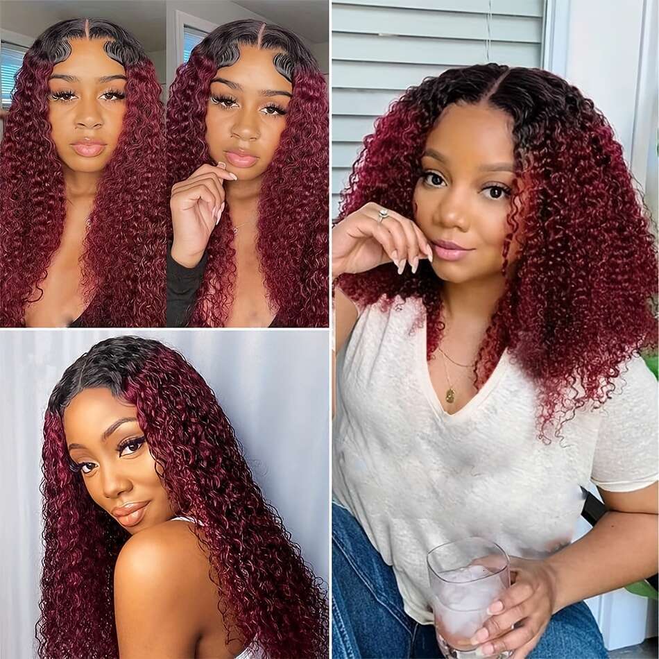 Ombre Bury Kinky Human Closure Jerry Curly Brazilian Hair Glueless Wigs With Pre Plucked 4X4 Lace Front Protective Sling Natural Look Hiensi , Premium