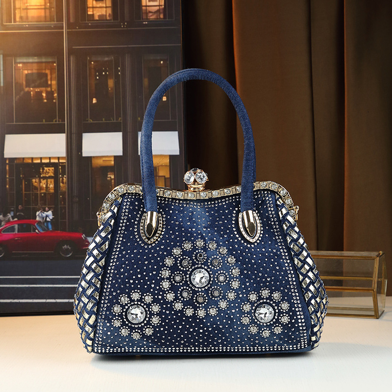 Fashionable Commuting Denim Diamond Inlaid Large Capacity Women's Trendy Single Shoulder Crossbody Bag, Clip Bag