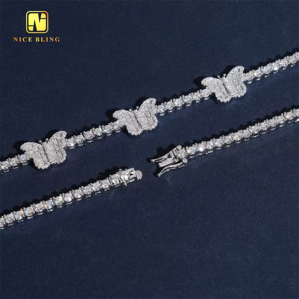 New Butterfly Design Hip Hop Jewelry Custom Iced Out 3mm Round Diamond Tennis Chain 925 Sterling Silver VVS Moissanite Bracelet
