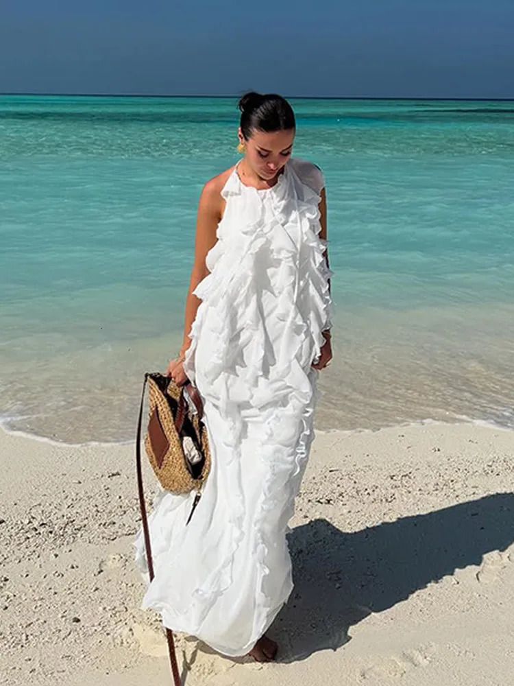 Womens pleated strapless backless Maxi dress fashionable loose slider pleated sleeveless robe summer womens beach vacation vest 250402