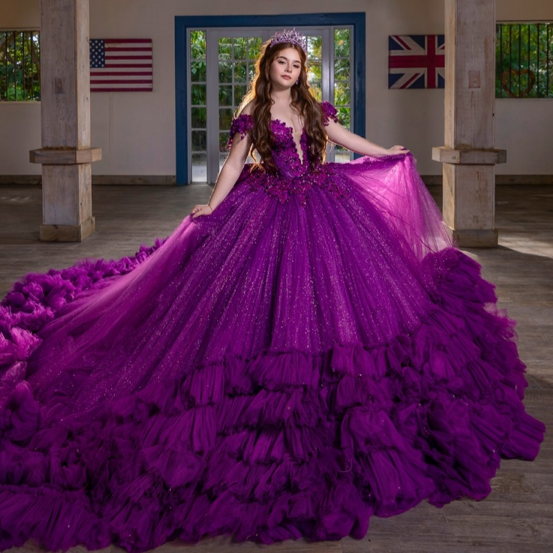 Purple Shiny Princess Quinceanera Dresses Off Shoulder Beading Crystal Applique Bow Tiered Tull Sweet 16 Dress Ball Gown Vestidos 15 De Anos