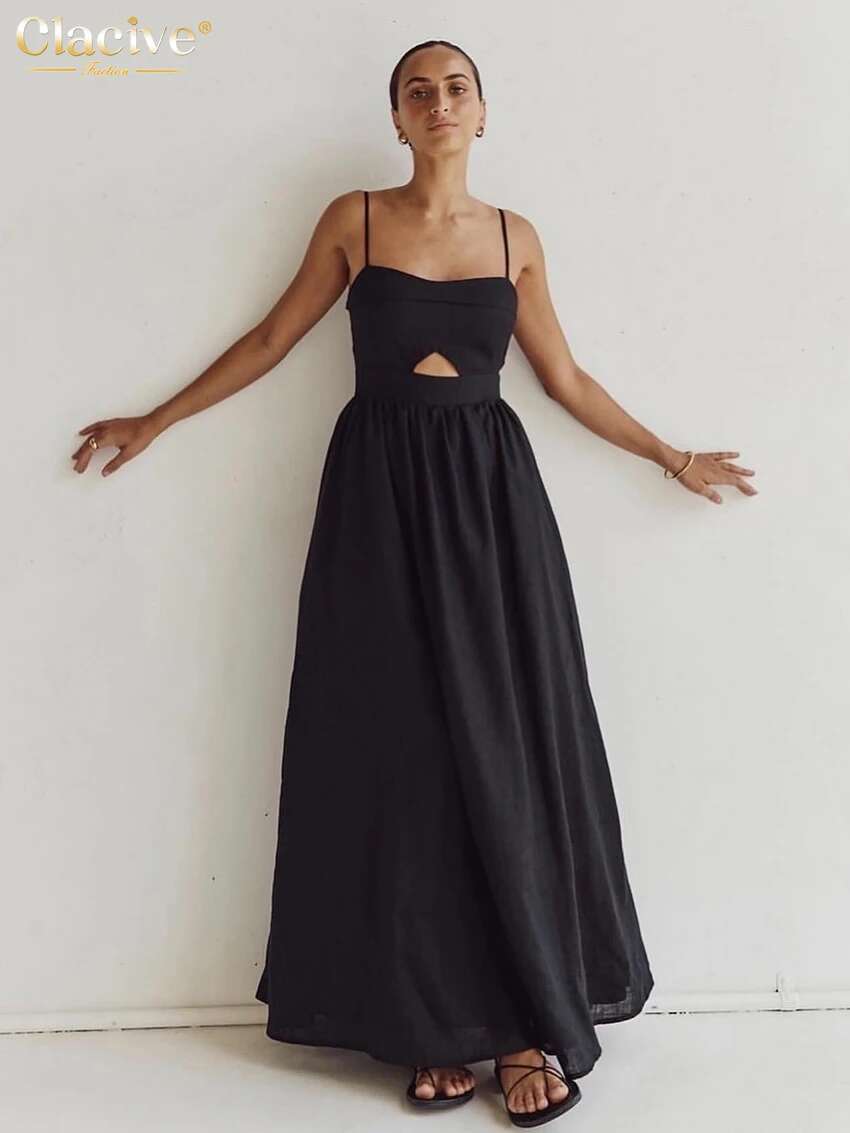 Clacive Sexy Loose Black Cotton Womens Dresses 2024 Summer Strap Sleeveless Ankle Length Elegant Hollow Out Female Dress