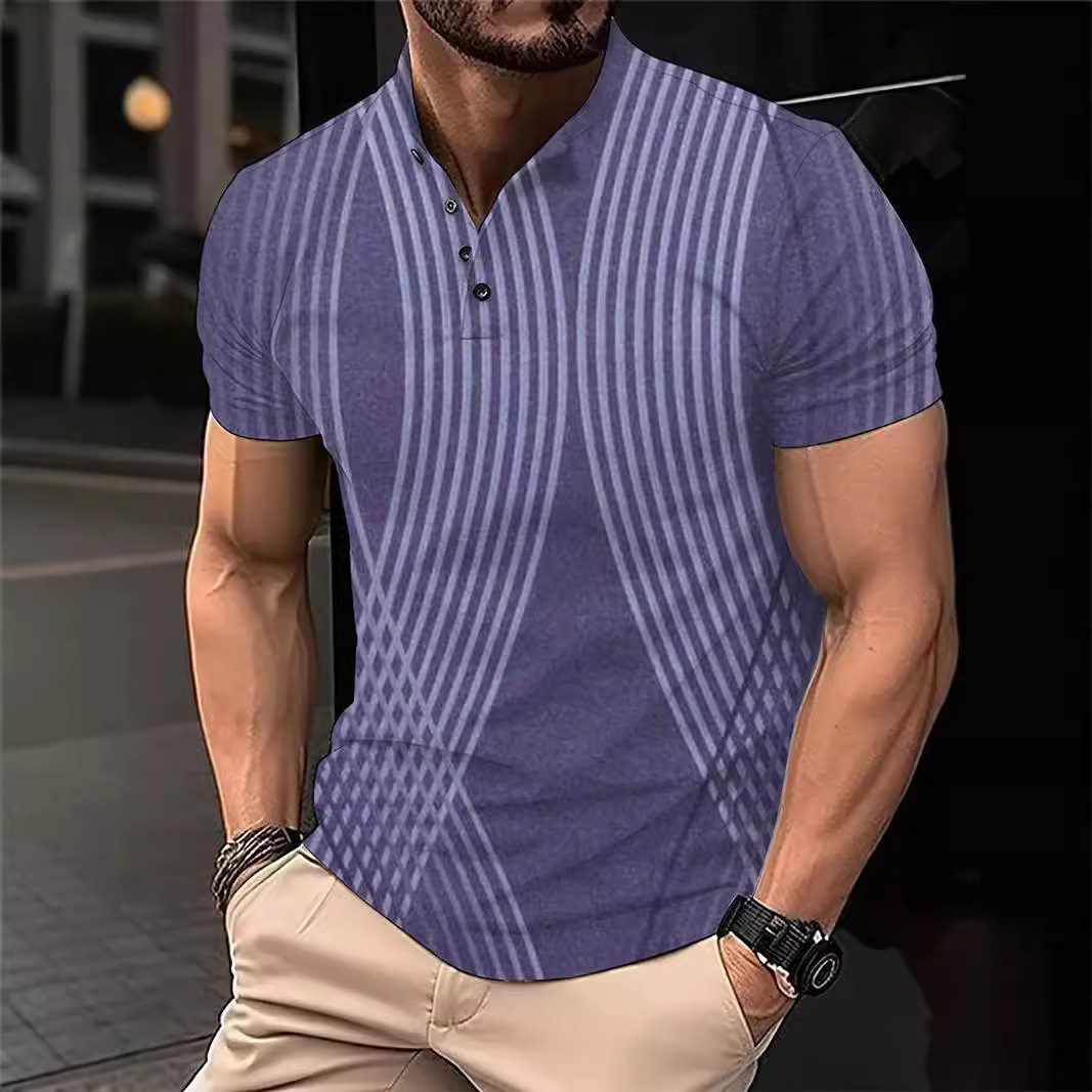 2024 Mens 3D Digital Printed Casual Buckle Short Sleeve T-shirt Polo Top