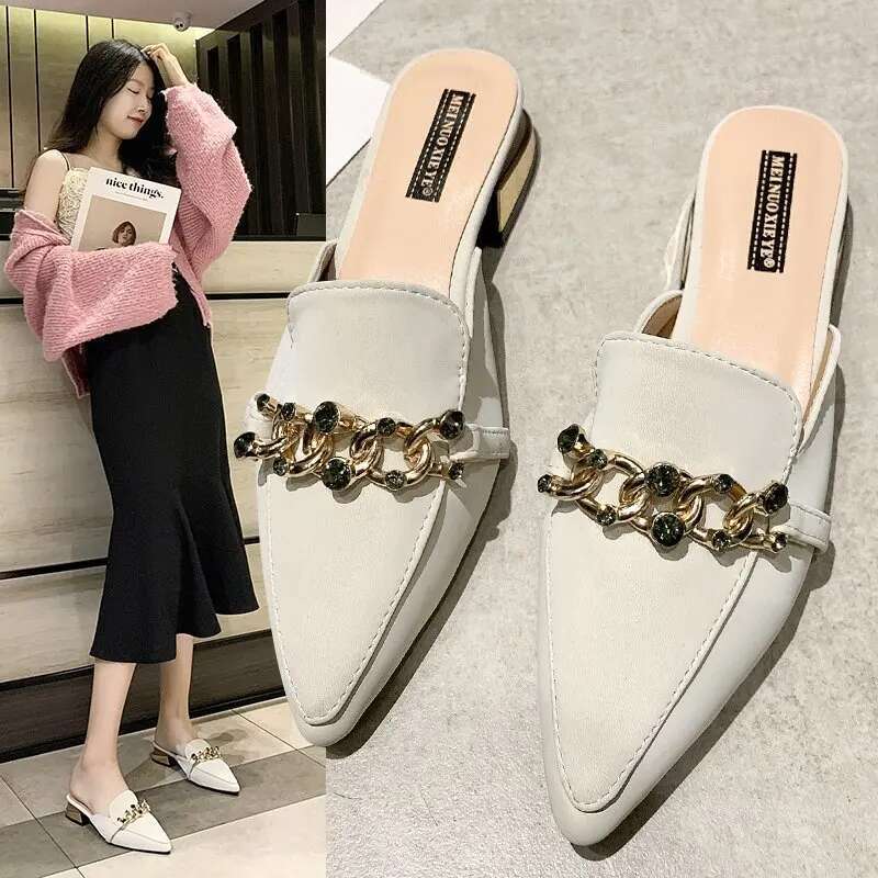 2025 New Slippers New Chain Mule Slippers Women's Stripe Designer Summer Fashion Shoes Square High Heels Women's Shoes