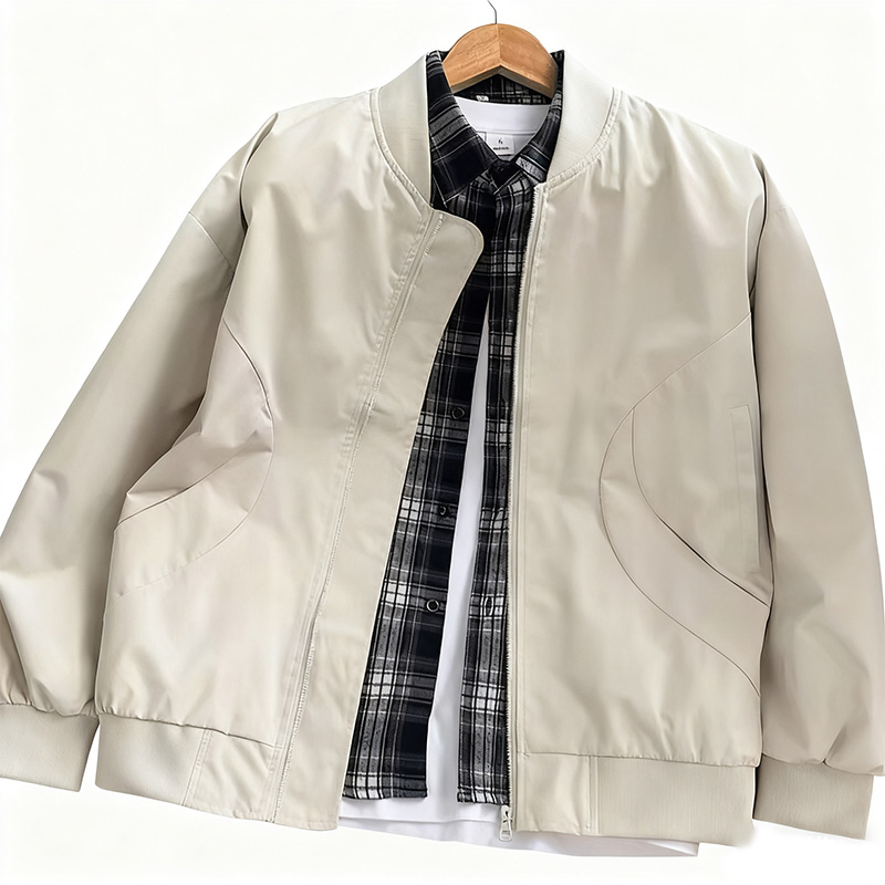 Men's Casual Shirts Men's Beige Bomber Jacket with Plaid Shirt Layered Style - Casual Fashion Zip-Up Bomber Coat, Versatile Outerwear f
