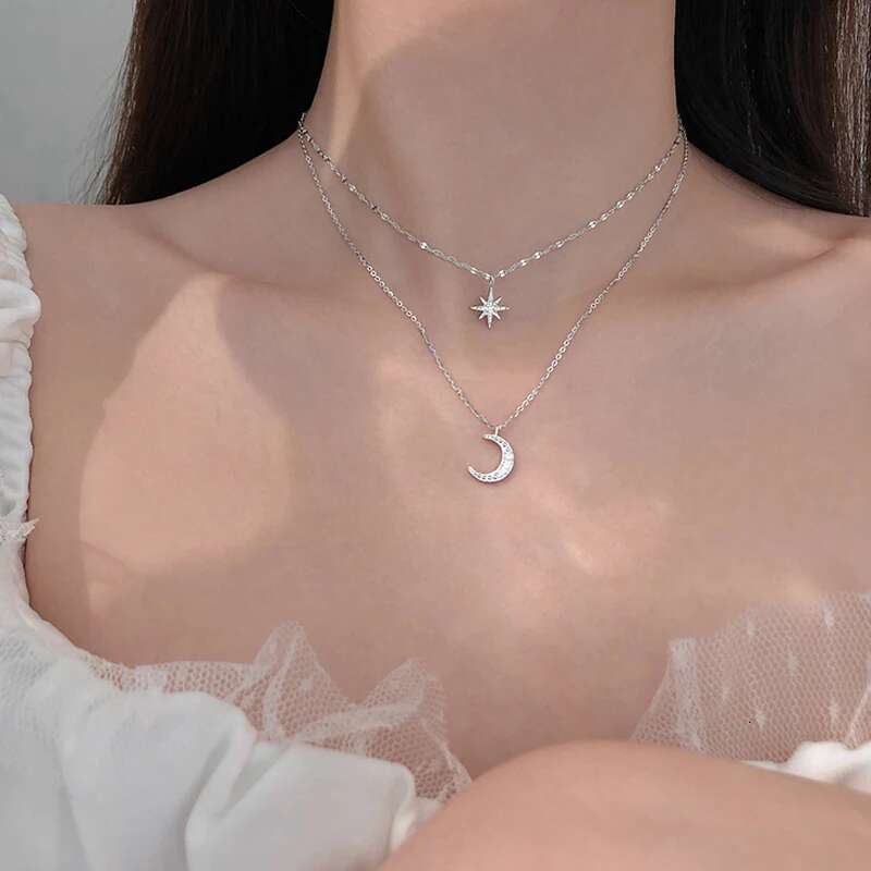 Hot S Sier Double Star Chain Layer Moon Clavicle Necklace Female Fashion Hip-hop Retro Unique Design Wedding Fine Jewelry