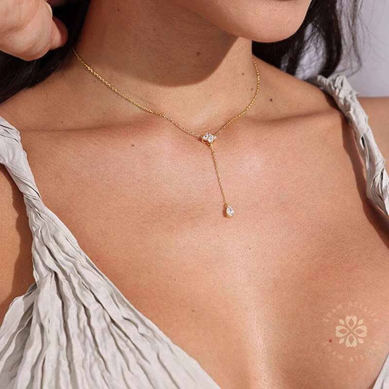 New S Sterg Sier Clover Zircon Water Droplet Shape Pendant O-Chain Choker Necklace Spring Girl Wedding Gift Fine Jewelry