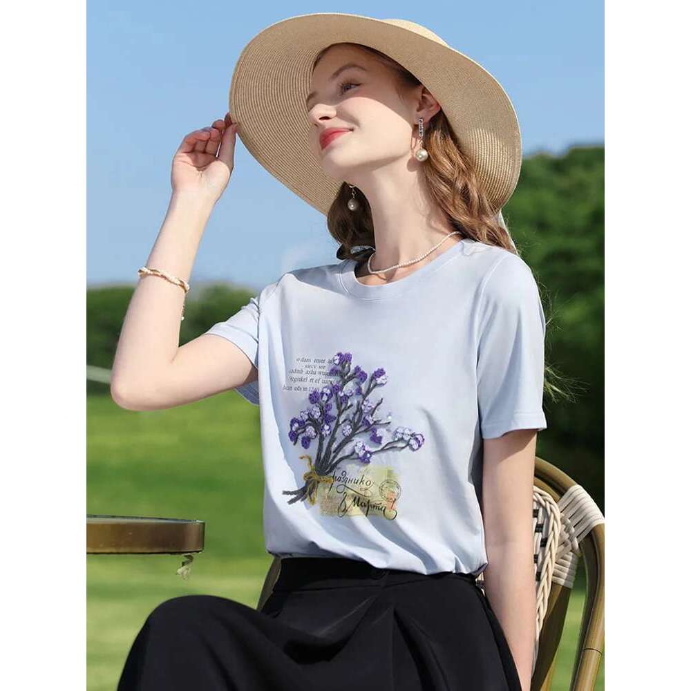 Beads Embroidered T-Shirt Female 2025 Summer Letter Printing Casual Top Short Sleeve Cool Cotton Tees