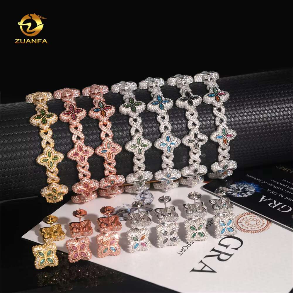 Hot Sale 15mm Color 925 Silver Moissanite Diamond Hip Hop Jewelry Iced Out Moissanite Cuban Link Bracelet Earring Set