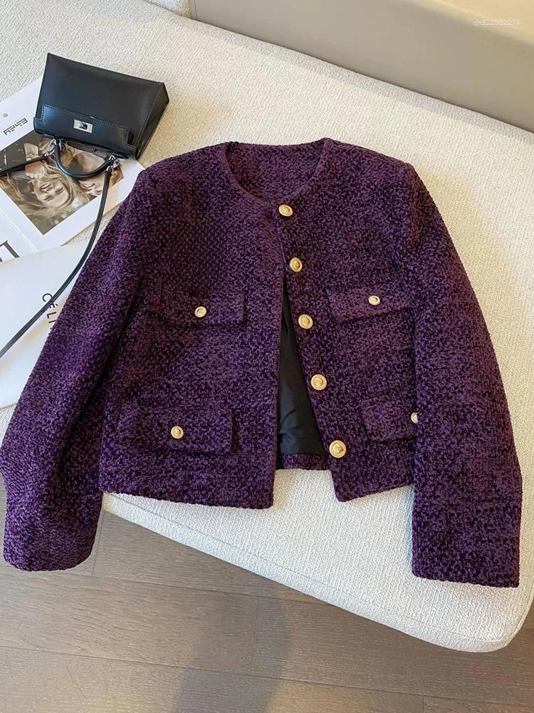 Women's Jackets Jmprs Purple Retro Tweed Jacket Women Fall Winter O Neck Long Sleeve Short Coat Korean Casual Elegant Vintage Female Slim