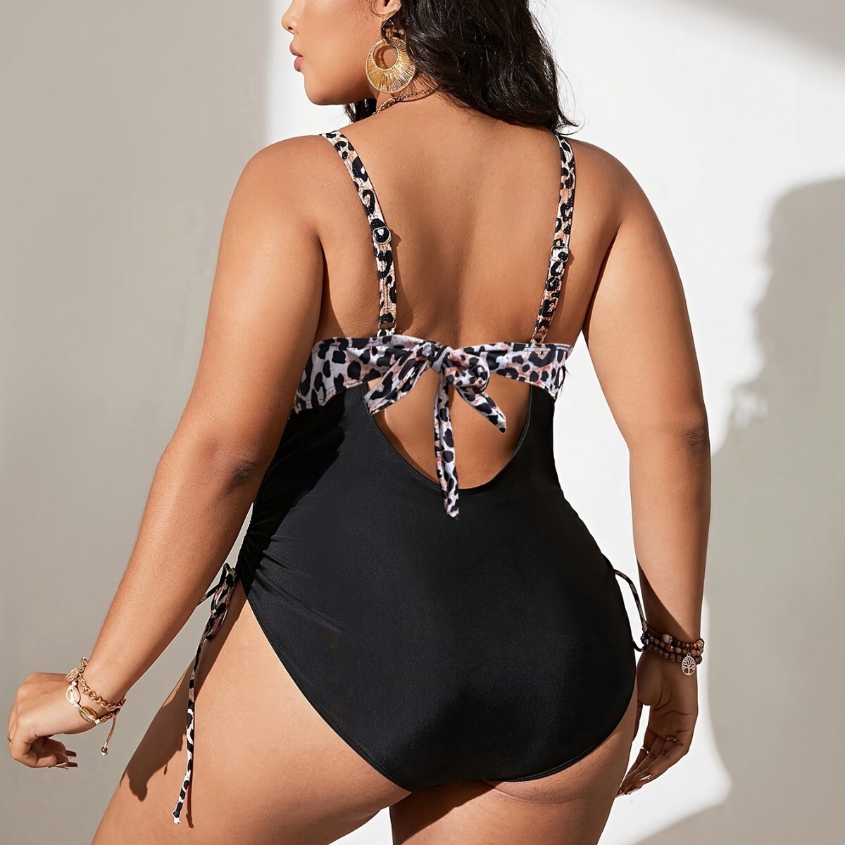 Fashionable plus size jumpsui riangle pans wih prined splicing drawsring on boh sides o cover he belly show off slimming and fa women's swimming