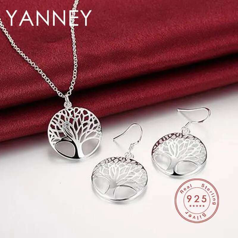 Sterg Sier Charm Round Tree of Life Earrings Necklace For Women Fashion Wedding Christmas Jewelry Set