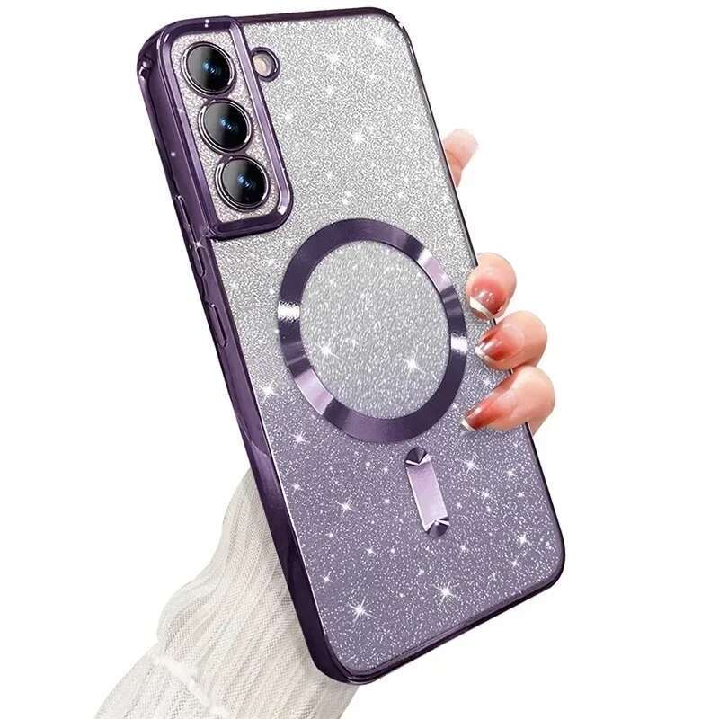 Glitter Magnetic Case For Samsung Galaxy S24 Ultra S23 S22 S21 Plus S20 FE Note 20 A55 A35 Plating Wireless MagSafe Bright Cover