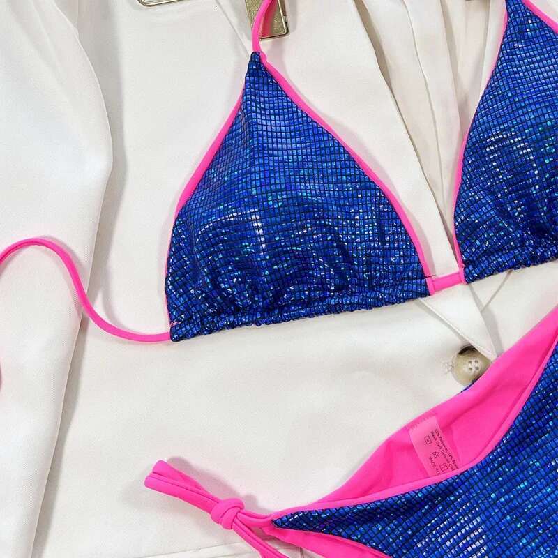 Sexy Blue Shiny Swimsuit 2024 Women 2 Piece Bikini Suspender Triangle Cup Swimwear Beach Bathing Suit Low Waist Thong Monokini