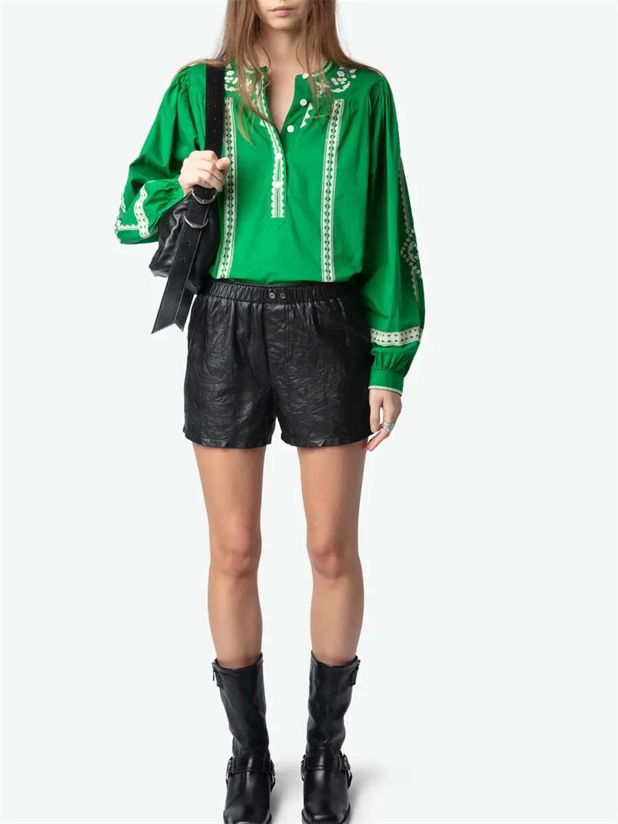 Embroidery Women White Green Black Shirt 100% Cotton Vintage Long Lantern Sleeve Front Buttons Lady O-neck Blouse