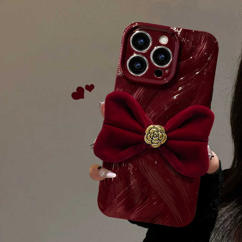 Camellia Bowknot Compatible with 16 Pro Phone Case 15 New Year 14 Wave Feather Gauze 1312 Silicone Shockproof J251202