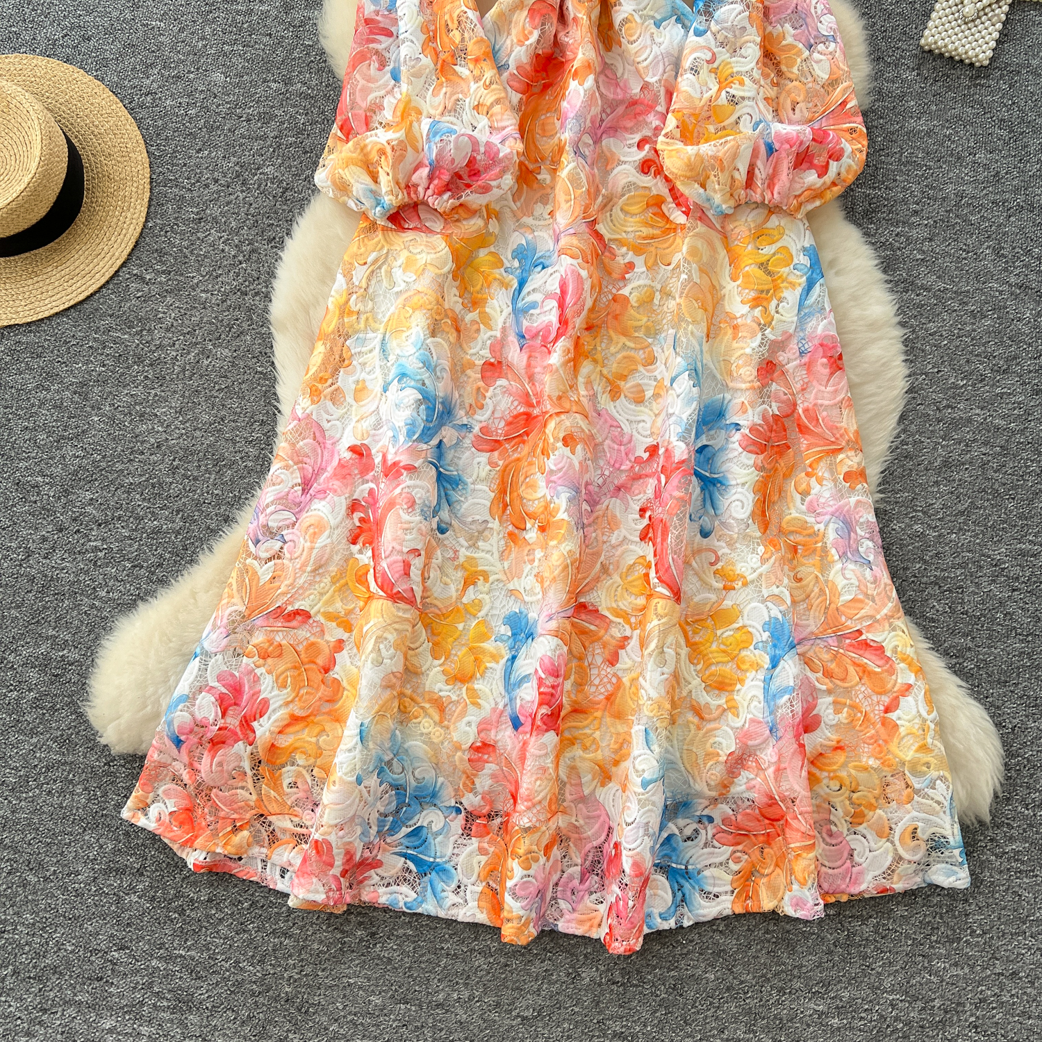 Casual Dresses Crochet Lace Embroidery Hollow Out Floral Print Maxi Dress Autumn Women Long Lantern Sleeve Pearl Buttons Up Belt Prom Clothing 2025
