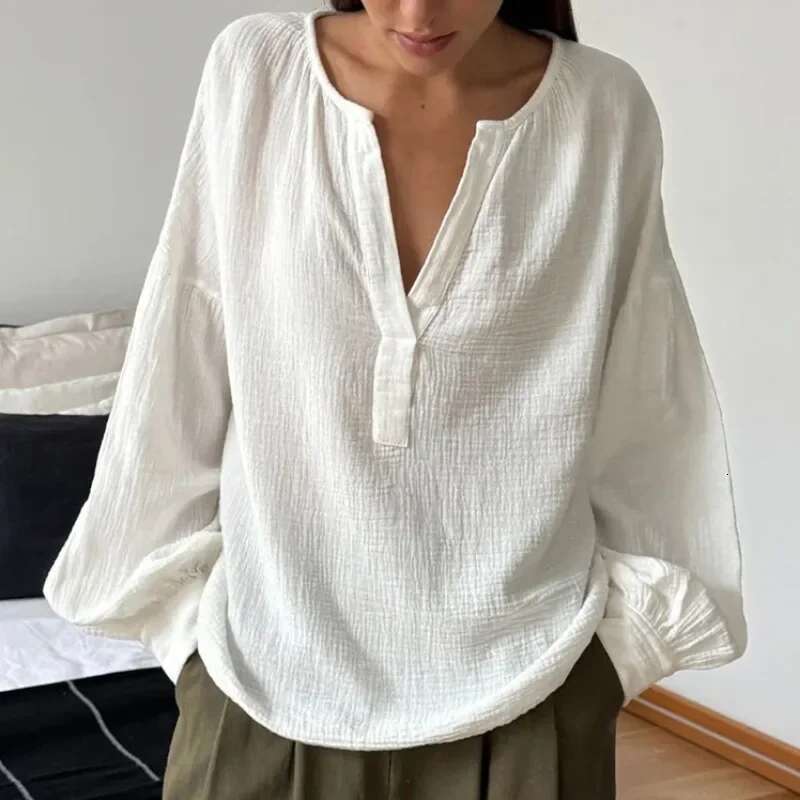 French Women Shirts 100% Cotton Mus Gauze Long Lantern Sleeve V-neck Blouse Casual Loose White Color Elegant Vintage Tops