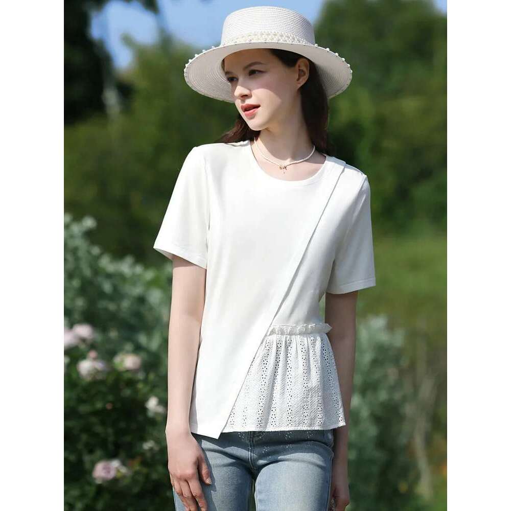 Summer New T-Shirts For Women Spliced Hollow Out Pleated Short-Sleeve Casual Fashion Female Blouse