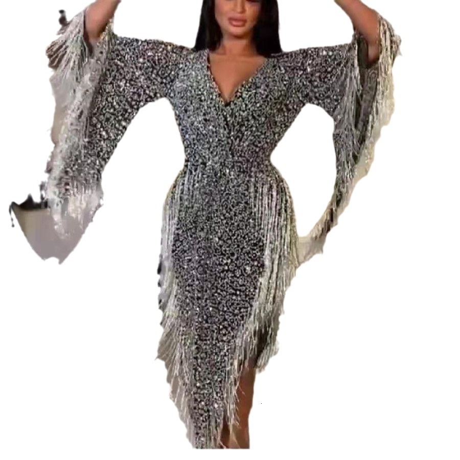 2025 Summer New Womens Dress Sprinkle Gold Irregular Long Sleeve Tassel Deep v Sexy Dress