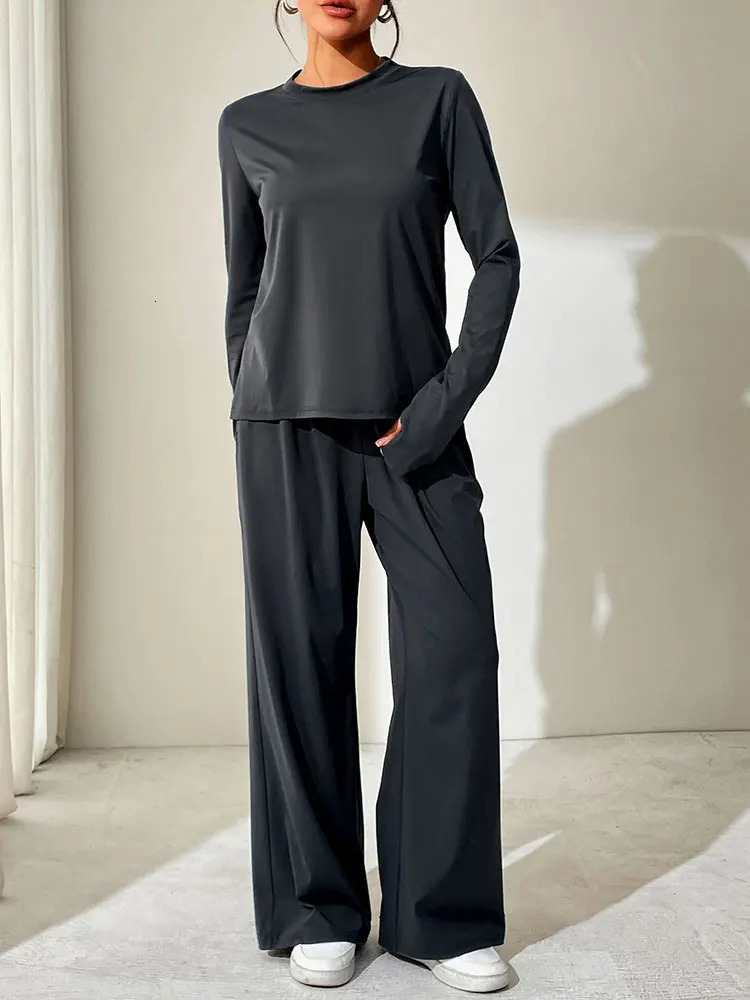 Spring Fashion Womens Long Sleeve Tshirt Trousers 2piece Street Clothing Oneck Solid Color Sexy Casual Slimming 250403