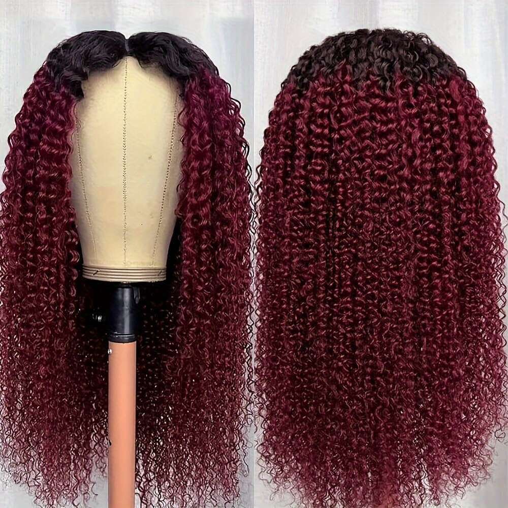Ombre Bury Kinky Human Closure Jerry Curly Brazilian Hair Glueless Wigs With Pre Plucked 4X4 Lace Front Protective Sling Natural Look Hiensi , Premium