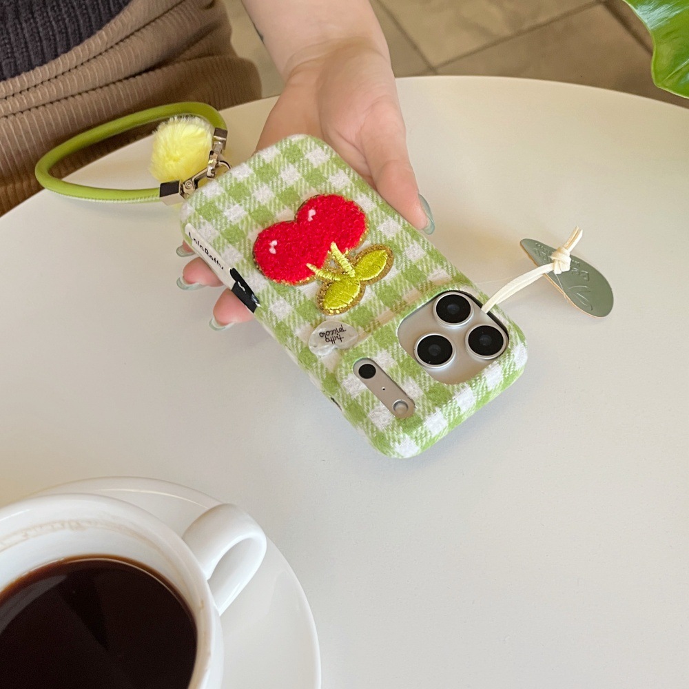 Red Green White Checkered Cherry Patch Phone Case Compatible with iPhone 17/16 Pro Solid Color Velvet Case iPhone 15/14