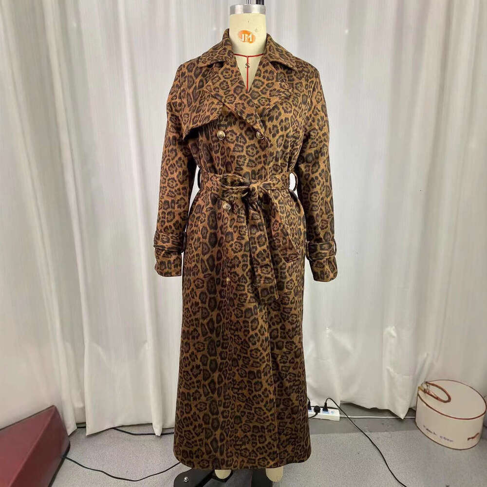 In Stock--2024 European and American Amazon Cross-Border New Women's Autumn Winter with Turn-Down Collar, Double-Breasted, Extended Length Trench